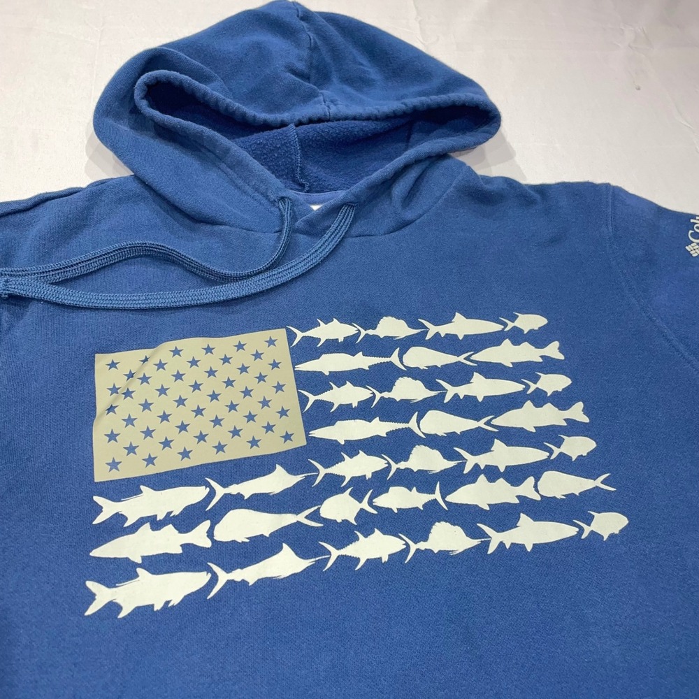 Columbia PFG Mens Blue Fish Flag Hoodie Sweatshirt FM1865 Large